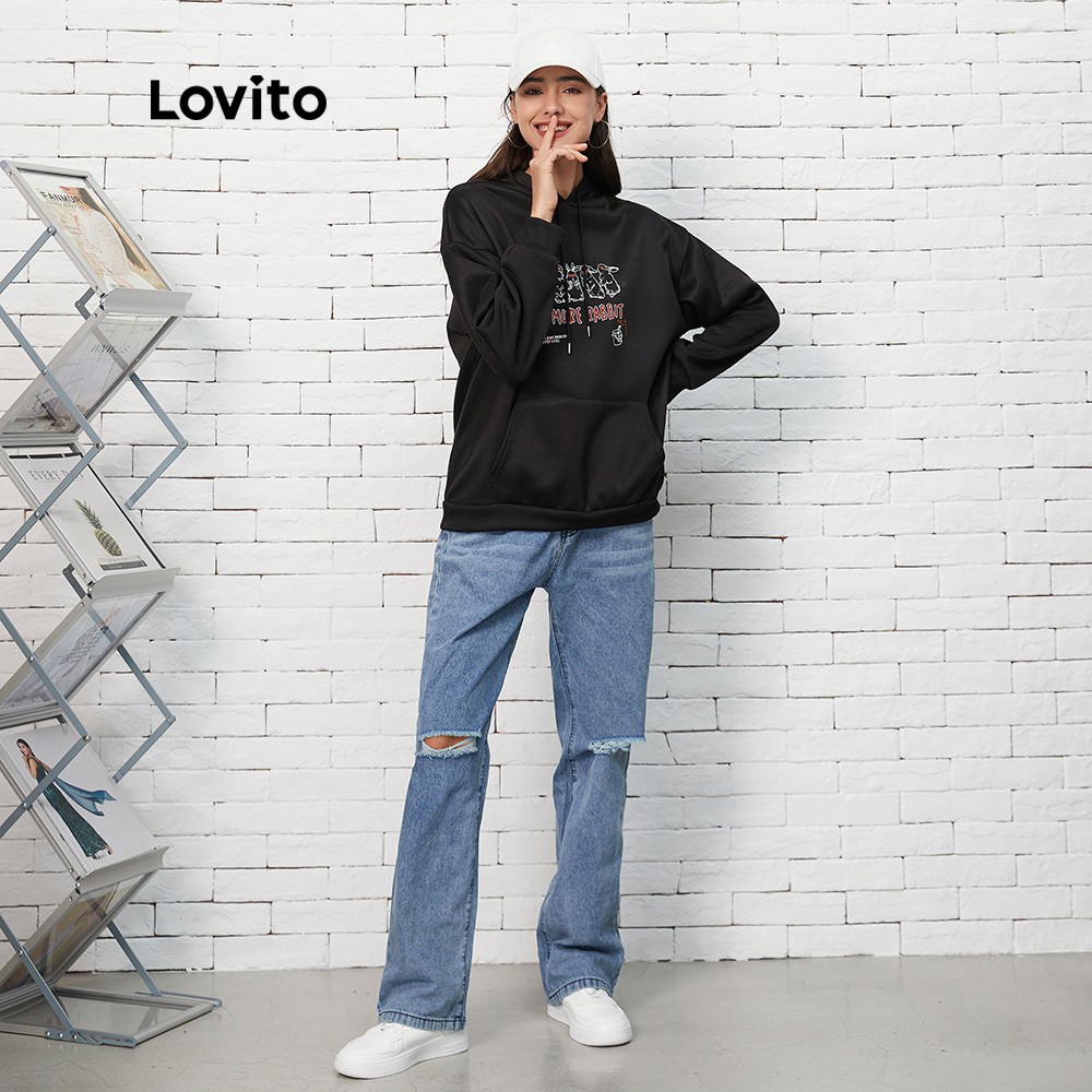 Áo sweatshirt Lovito phối dây rút in chữ đơn giản L07185 (màu đen) | BigBuy360 - bigbuy360.vn