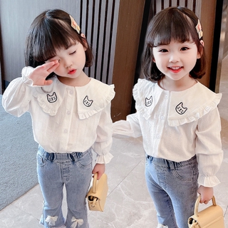 Cute Korean Style Cotton Doll Neck White Shirt For Girls 2021