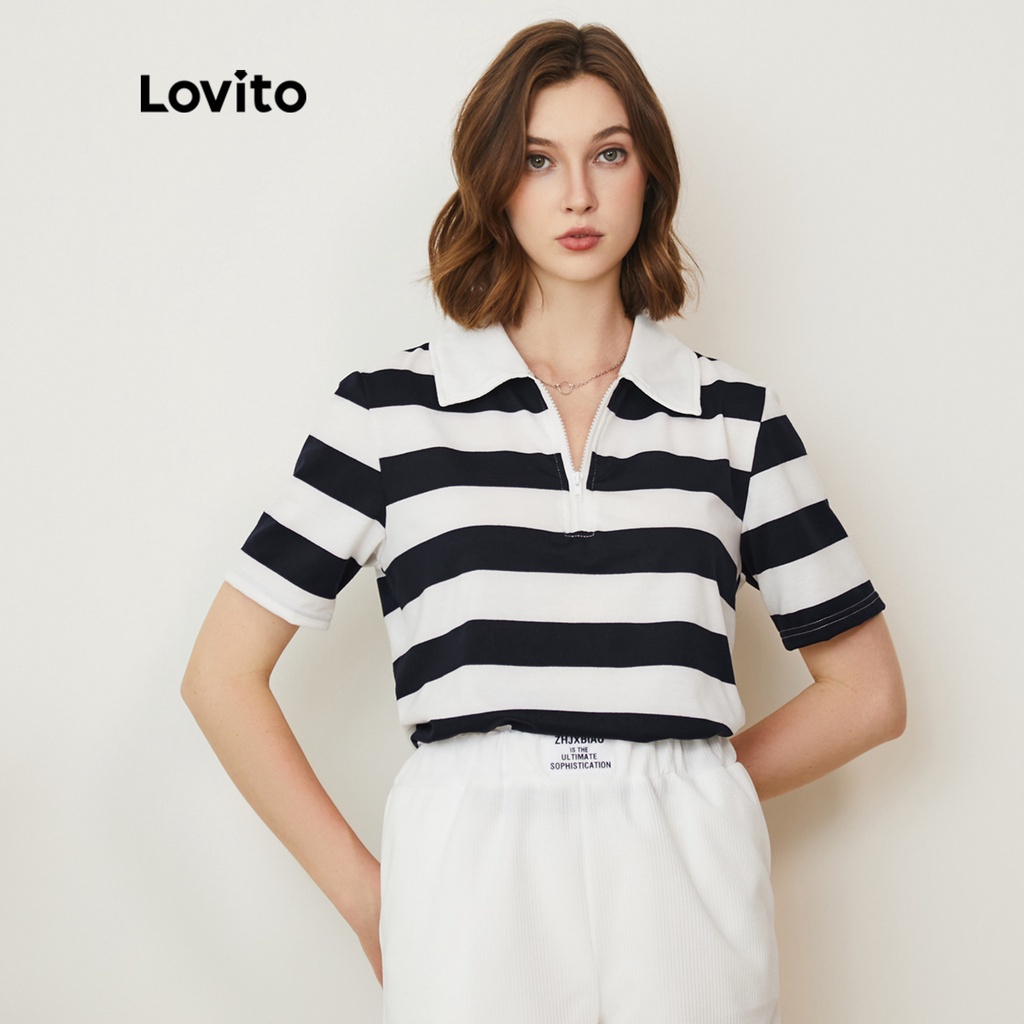 Lovito Áo thun có dây kéo có cổ sọc thông thường L24AD074 (Đen và Trắng)