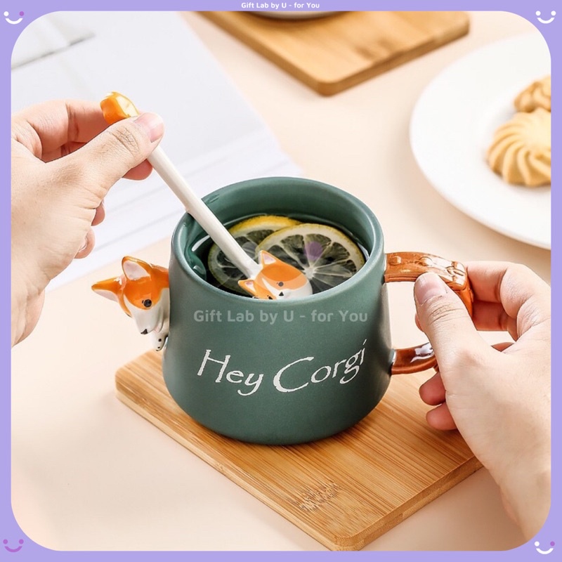 Cốc gốm sứ cao cấp hình cún Corgi siêu đáng yêu kèm nắp thìa(48)