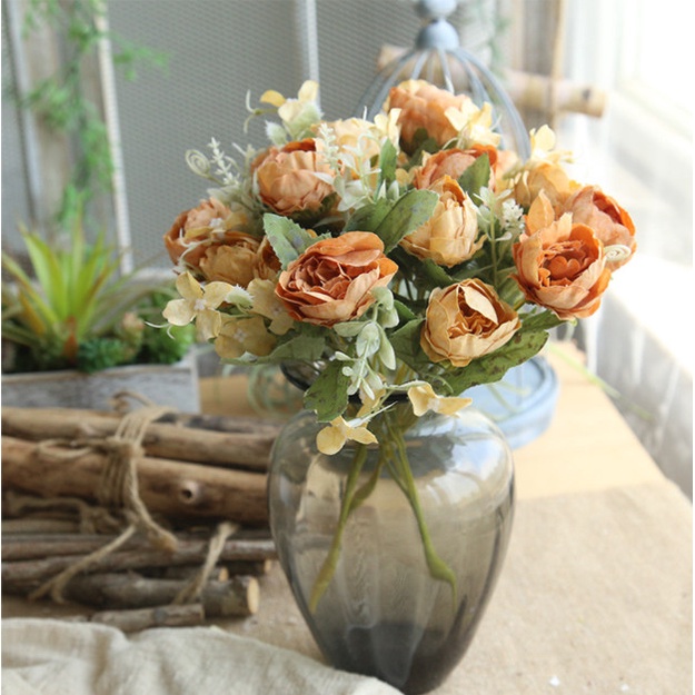 Hoa giả- Hoa lụa cao cấp trang trí nhà cửa [ 1 cành 6 bông cao 27cm mô phỏng mẫu đơn nhỏ]