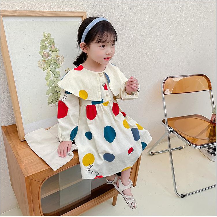 Đầm Dài Tay Họa Tiết Chấm Bi Phong Cách Hàn Quốc 2021 Cho Bé Gái