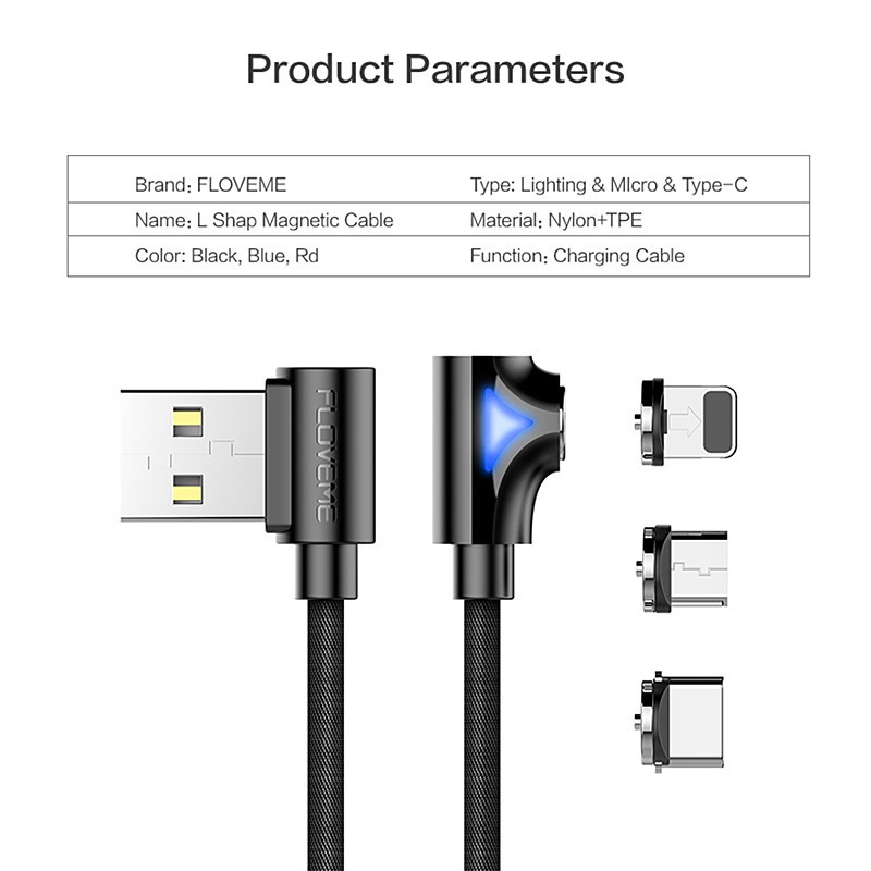 Dây cáp sạc và truyền dữ liệu FLOVEME micro USB thiết kế từ tính góc vuông 90 độ có đèn LED dài 1m tiện dụng