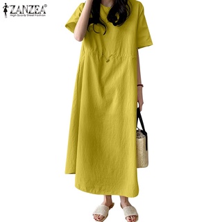Đầm ZANZEA màu trơn cổ tròn dáng dài rộng phong cách Hàn Quốc