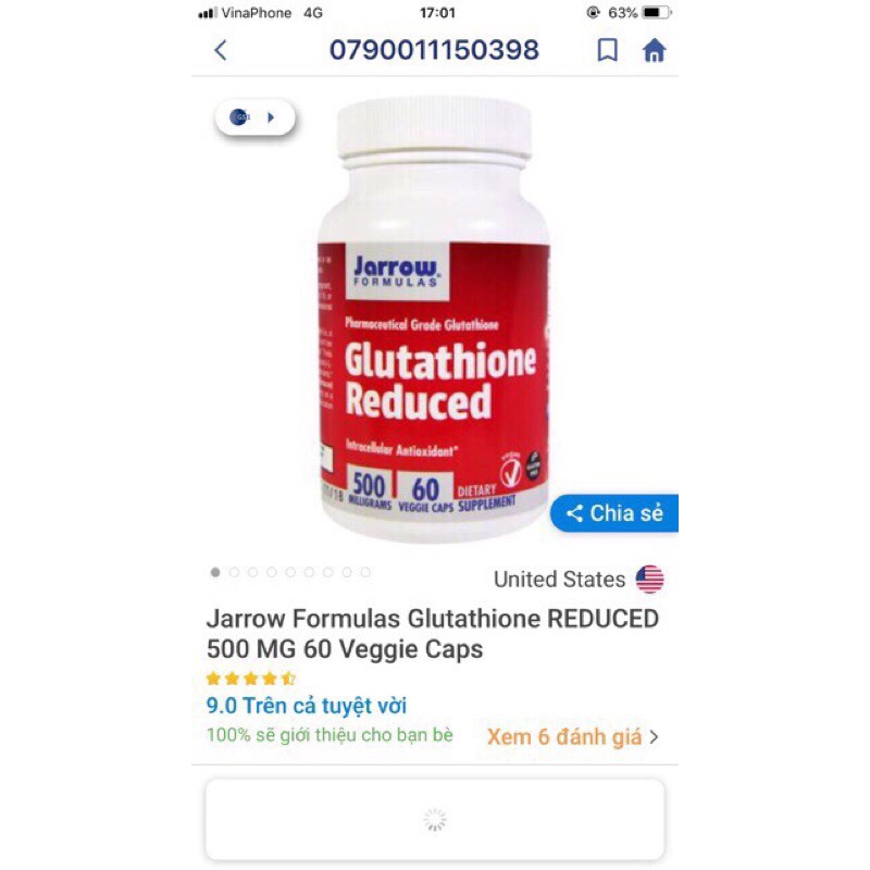 viên uống glutathione reduced  500mg của mỹ | Thế Giới Skin Care