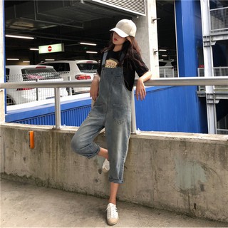 quần yếm ulzzang quần yếm jean lửng rộng ống suông quần yếm bò jeans kiểu hàn quốc