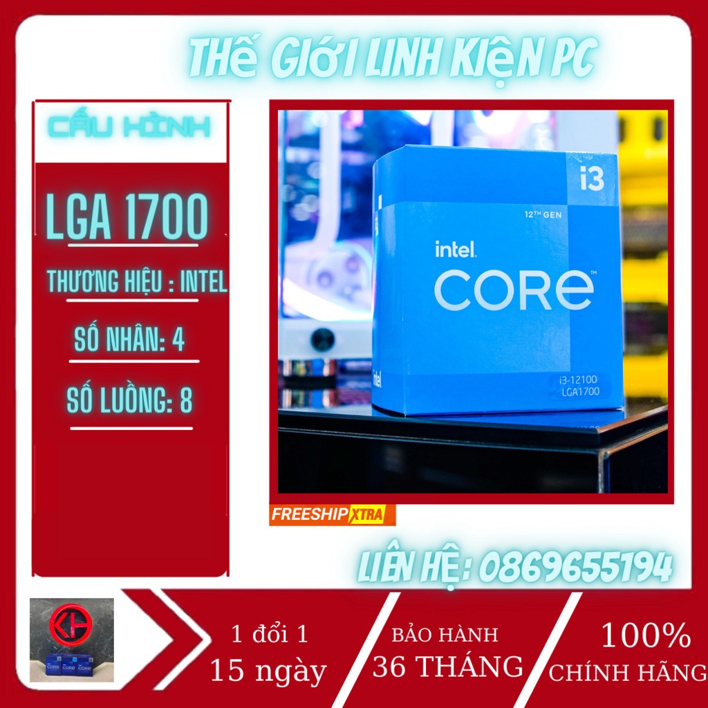 CPU bộ vi xử lý I3 12100 BOX (3.30 UP TO 4.30GHZ | 12MB | 4C 8T | SOCKET 1700 | UHD GRAPHICS 7 mới nhất