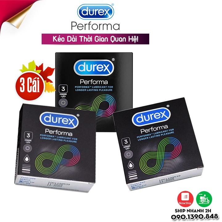 Bộ 3 hộp bao cao su Durex Performa 3 bao/hộp, Bcs Performa Chứa Nhiều Gel Bôi Trơn, Kéo Đài Thời Gian Yêu (Size 52mm)