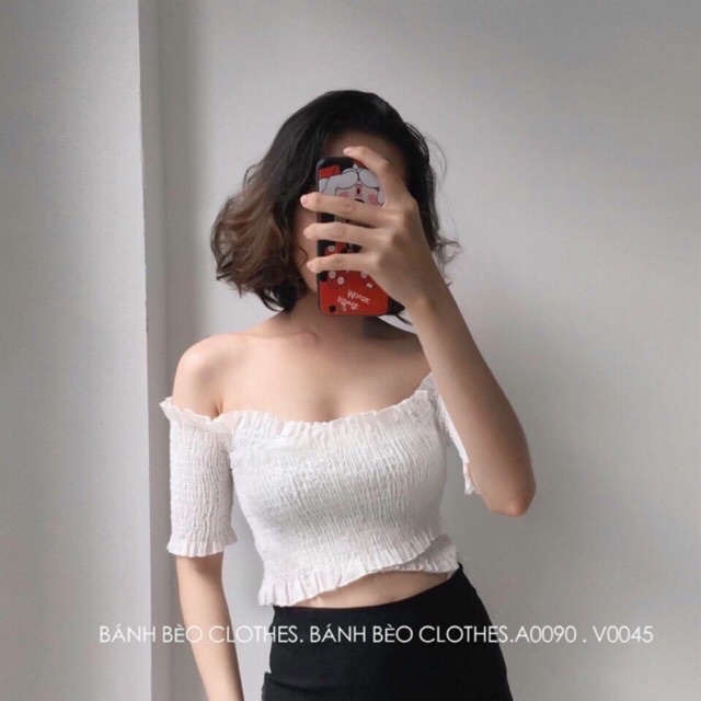 Áo Croptop Trễ Vai Nhún Đắp Chéo Chất Liệu Voan Co Giãn Nhẹ - Titifa Shop