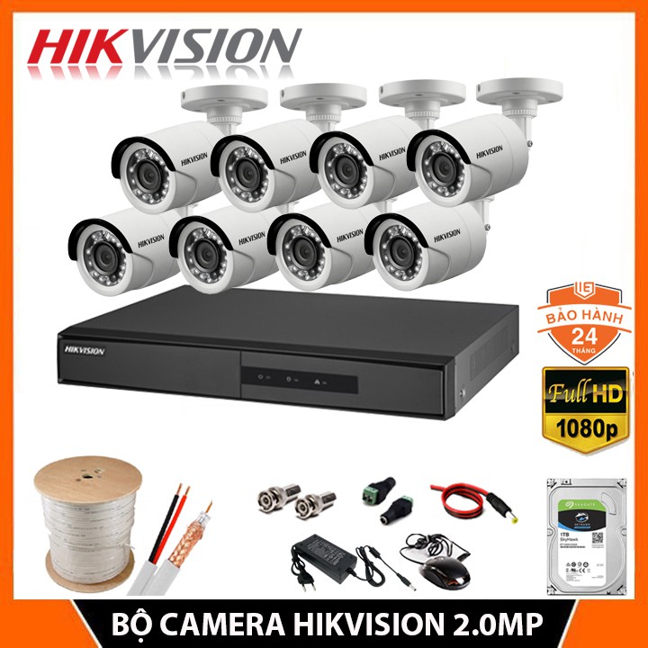 Bộ Camera giám sát Hikvision 2.0MP - FUll hd 1080p, Trọn bộ 5/6/7/8 Camera đầy đủ phụ kiện lắp đặt + ổ cứng lưu trữ HDD