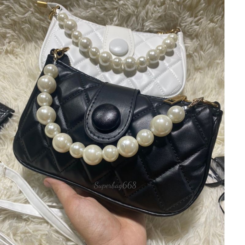 Túi Xách Nữ Kẹp Nách Đeo Chéo Phối Dây Ngọc Cúc Vân Trám 227