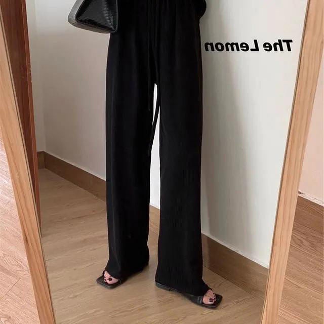 [Spot] Quần ống rộng lưng cao bằng vải nhung kẻ phong cách Hàn Quốc đơn giản dễ phối đồ