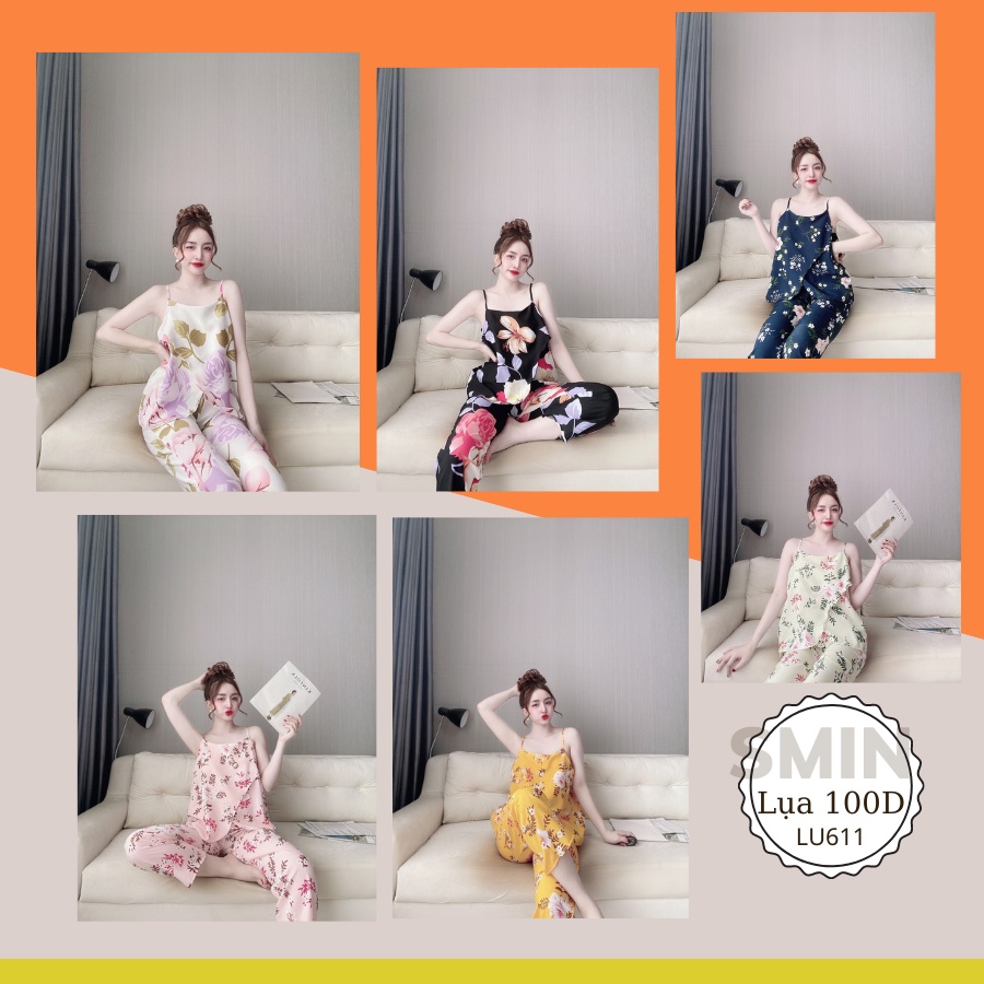 ( Hàng Chuẩn Loại 1) Đồ Ngủ Pyzama Lụa Satin Họa Tiết Cao Cấp LU611 - Free size dưới 65kg, Lụa Satin Thoáng Mát