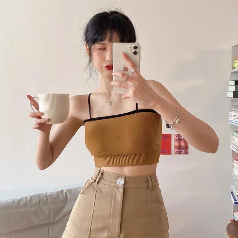 [Giá sỉ] Áo Bra Nữ Thun 2 Dây Viền Đen Màu Pastel kèm Có Mút Ngực Trẻ Trung 388.