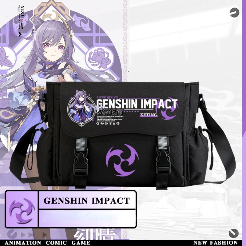 Túi xách đi học/ du lịch đeo vai họa tiết Raiden Shogun shadow Shoulder Bag Genshin Impact Hutao Zhongli Game Peripheral School Bag Klee Keqing Oblique Bag 2D Stu