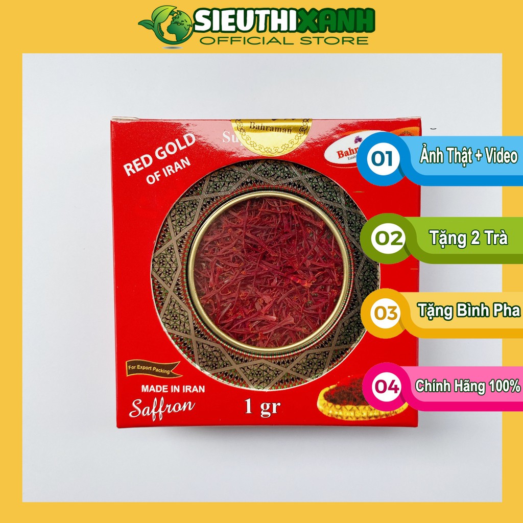 Saffron Bahraman [NHỤY HOA NGHỆ TÂY] 1GR Super Negin Date Mới Tinh T4/2021 TẶNG 2 TRÀ DƯỠNG TÂM+BÌNH THUỶ TINH 500ML