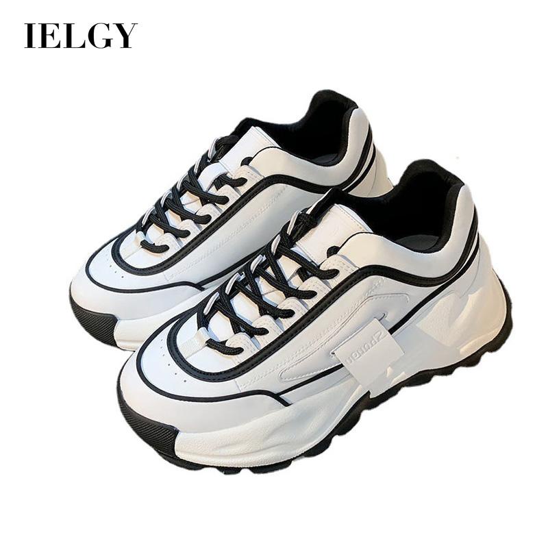 Giày sneaker IELGY cổ thấp đế dày màu khối bằng da kiểu Hàn Quốc cho nữ