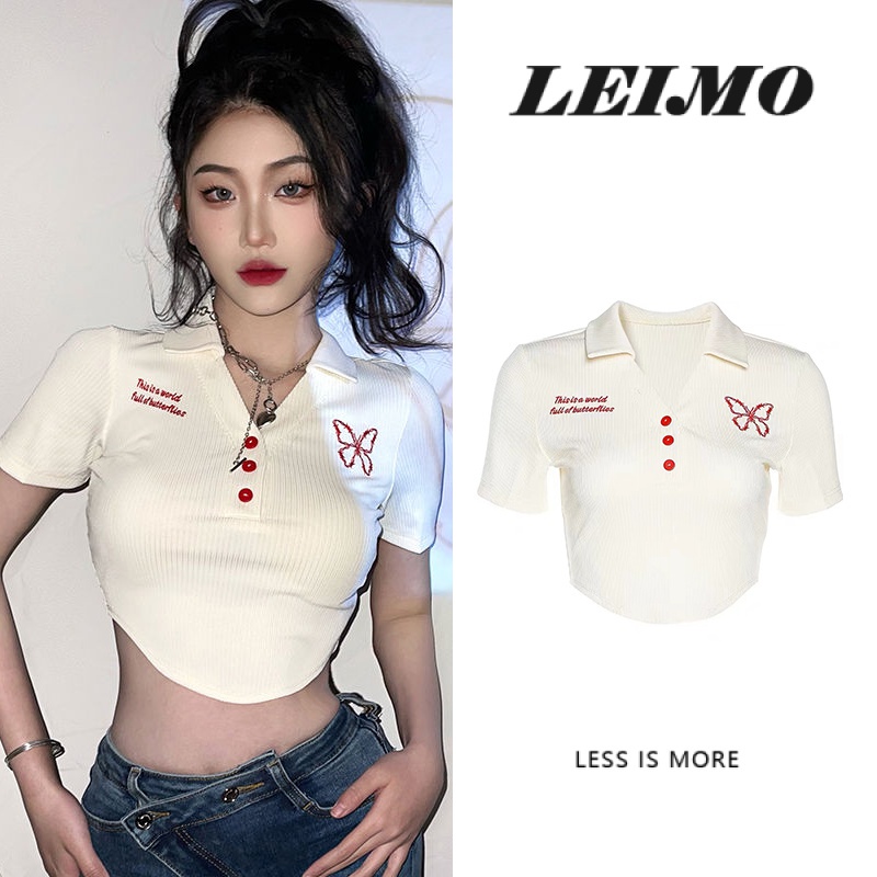 Áo croptop Tay Ngắn Hoạ Tiết Bướm Thêu Thiết Kế Thanh Lịch