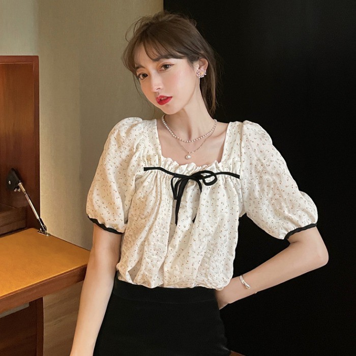 ❃♦áo voan che bụng, sơ mi tay ngắn nữ phồng hoa nhỏ nhẹ nhàng