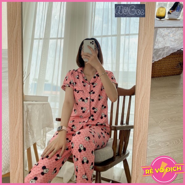 Đồ Bộ Quần Áo Ngủ Nữ Mặc Nhà Cộc Tay Pijama HUGEE Chất Vải Kate Thái Loại 1 Màu Hồng Hình Mickey GG A0443