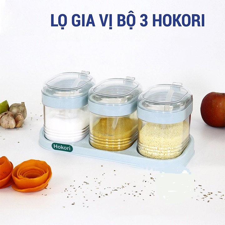 Bộ 3 lọ đựng gia vị Hokori có nắp đậy kèm thìa cao cấp nhựa PP dày dặn bền đẹp - Đồ gia dụng, dụng cụ nhà bếp thông minh
