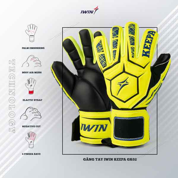 Găng tay thủ môn iWin Keepa PRO GK02 - ôm bàn tay, có xương ngón tay và bắt dính bóng - hàng phân phối chính hãng