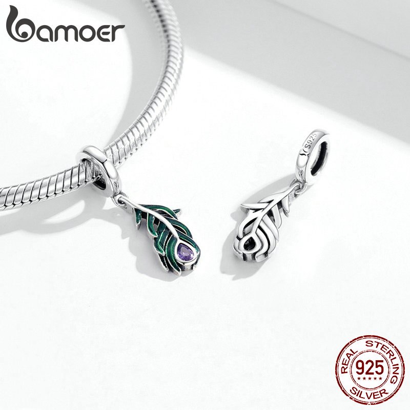 Hạt xỏ Bamoer SCC1704 chất liệu bạc 925 hình lông công tinh tế dùng làm vòng tay DIY cho nữ