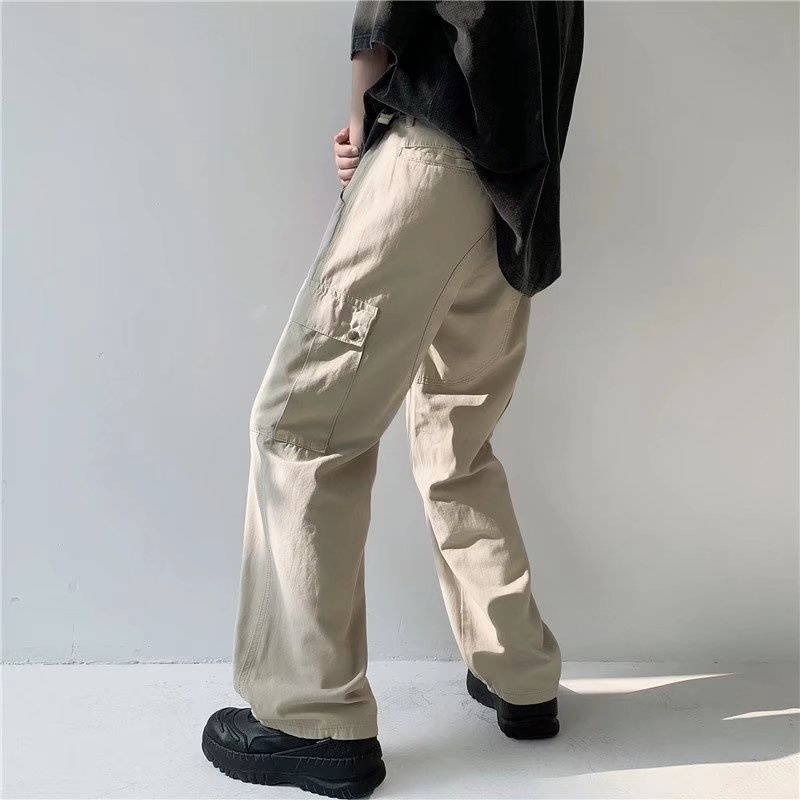 Quần Yếm Cotton 2 Màu Sắc Trơn Dáng Rộng Phong Cách Đường Phố Nhật Bản Cho Nam Giới Có Size S-3XL