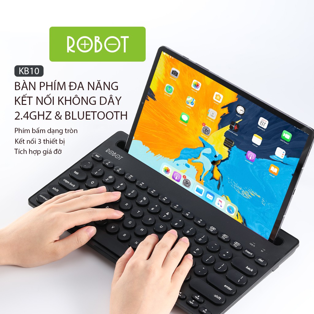 Bàn Phím Đa Năng ROBOT KB10 Kết Nối Không Dây 2.4GHz &amp; Kết Nối Bluetooth Thiết Kế Nhỏ Gọn Có Khe Giá Đỡ Điện Thoại