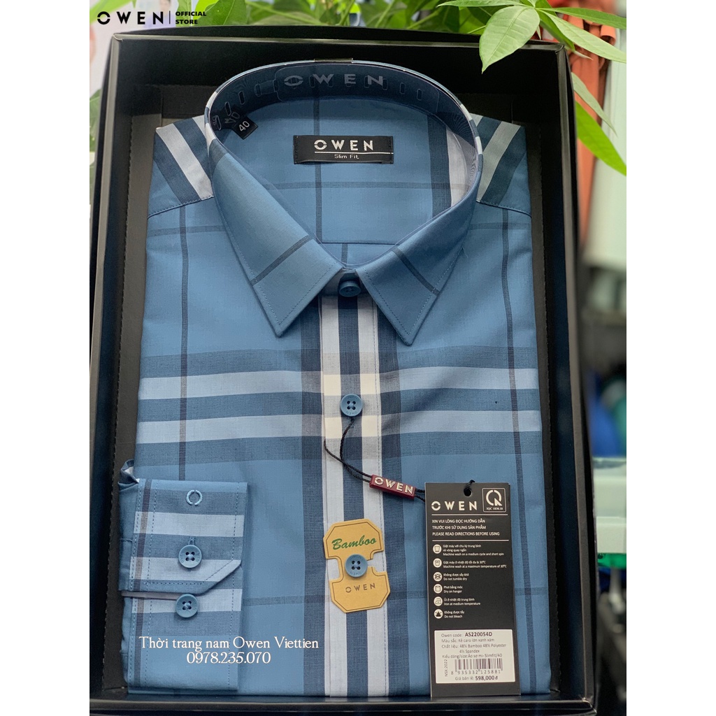 OWEN - Áo Sơ Mi Nam Dài Tay Kẻ Caro lớn Xanh xám Slimfit mẫu 2022