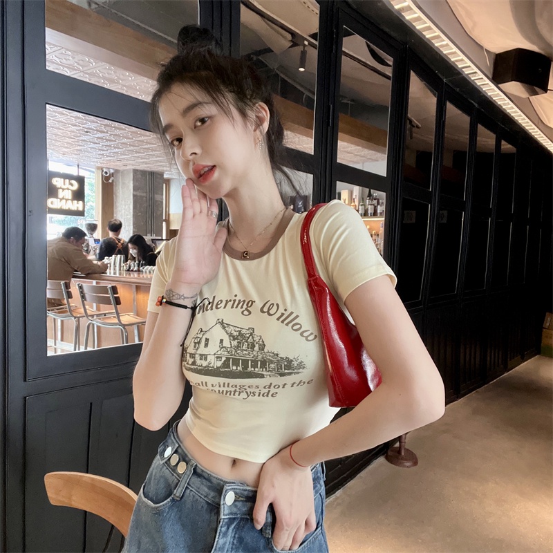 Áo Thun Croptop Cổ Tròn Tay Ngắn In Họa Tiết Thời Trang Cho Nữ