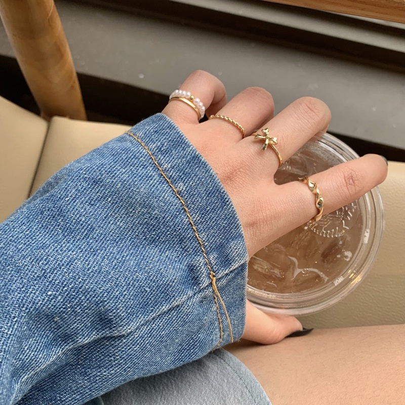 Bộ Bốn Nhẫn Đeo Ngón Tay Đính Ngọc Trai Và Nơ Thời Trang Xuân Hè Cho Nữ