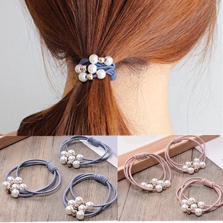Dây cột tóc 3 lớp đính đá ngọc trai nhân tạo cute dễ thương