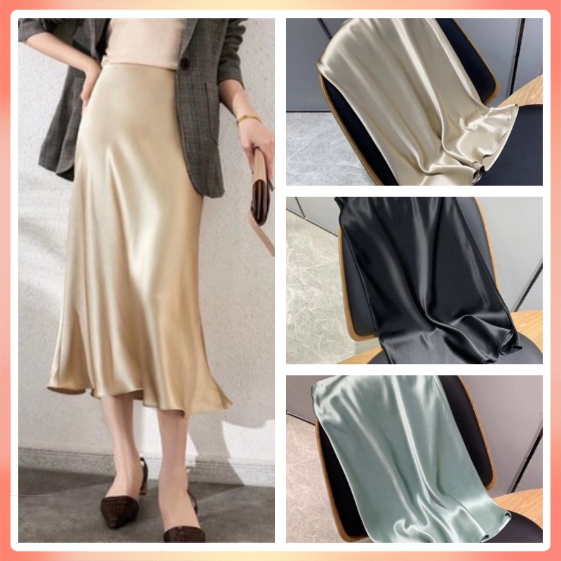 Chân váy đuôi cá dài lưng cao dáng rộng bằng Satin phong cách cổ điển thời trang cho nữ