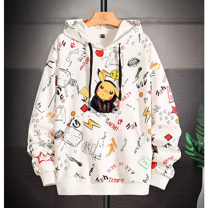 Áo hoodie nữ, hoodie nam, hoodie pikachu nỉ bông màu trắng in tràn siêu đẹp