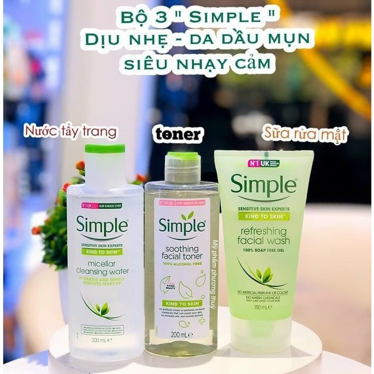 [Mã COS1505 giảm 8% đơn 300K] Combo 3 Simple nước hoa hồng 200ml + sữa rửa mặt 150ml + tẩy trang 200ml