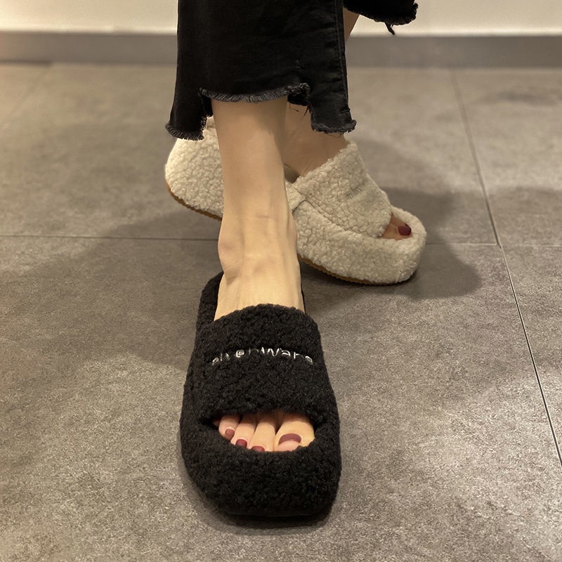 Dép Bông Đế Xuồng Siêu Cao Chống Trượt In Chữ Furry Dễ Thương Thời Trang Thu Đông Cho Nữ