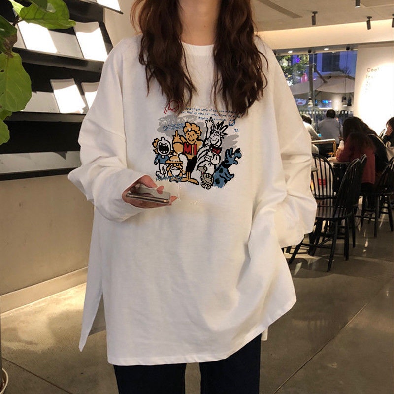 Áo Thun Cotton Tay Dài Dáng Rộng Màu Trắng Phong Cách Hàn Quốc Thời Trang Cho Nữ