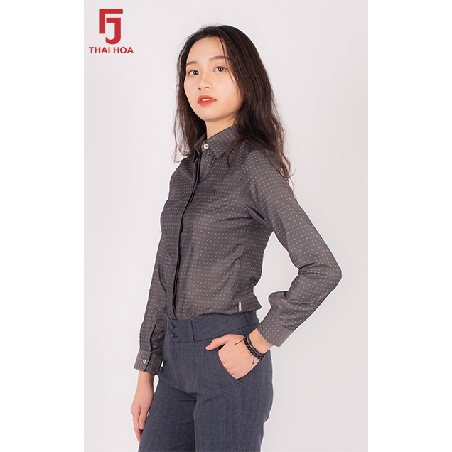 Áo sơ mi nữ tay dài Thái Hòa họa tiết chấm ô vuông - Màu xám nhạt - 0298-10