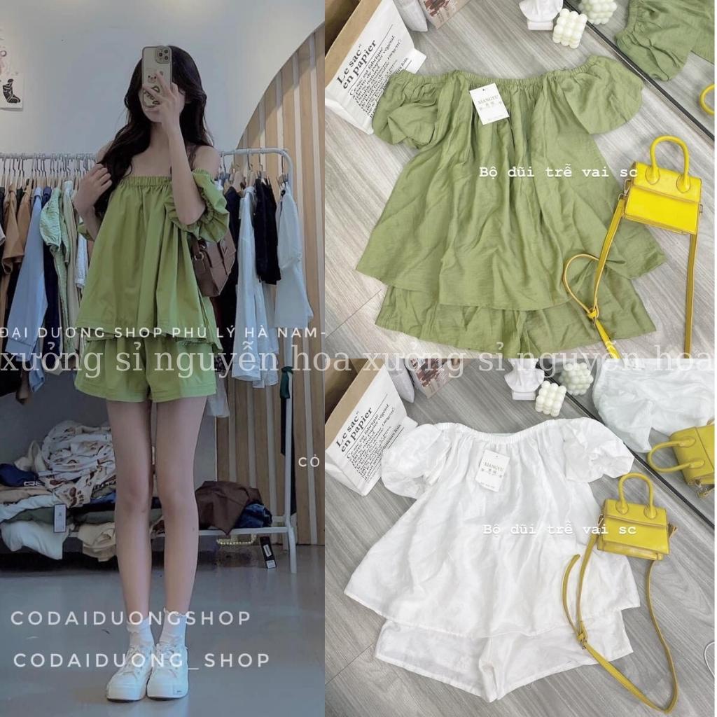 Sét bộ đũi áo trễ vai tay bồng kèm quần sooc đùi 2 màu trắng xanh bơ siêu xinh chất đũi xước xịn xưởng sỉ nguyễn hoa