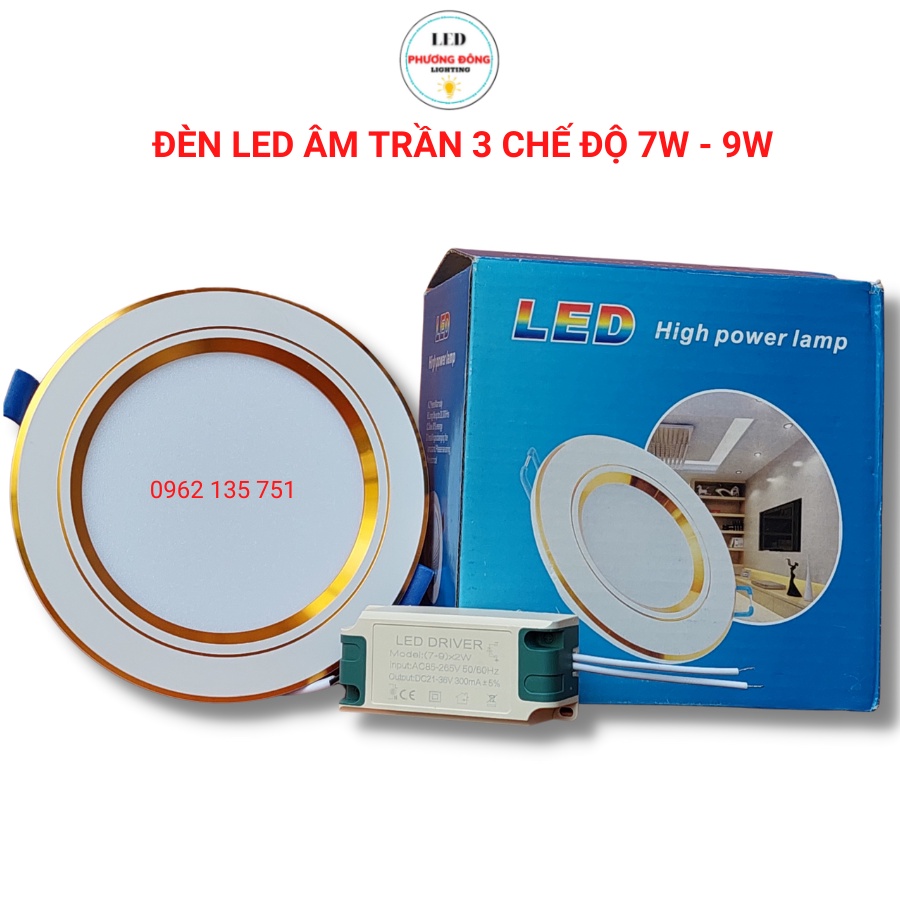 Đèn Led Âm Trần 3 Màu Viền Vàng, Viền Bạc 7w ,9w