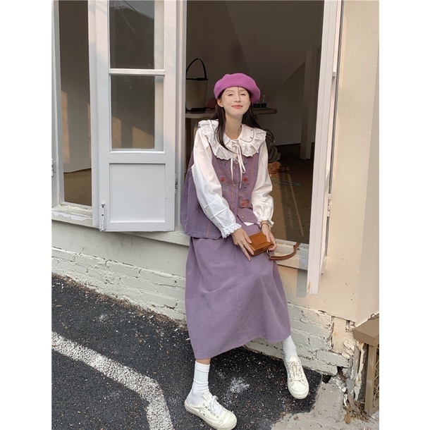 Set áo vest gile thêu vải nhung + chân váy dài + áo sơ mi dành cho nữ