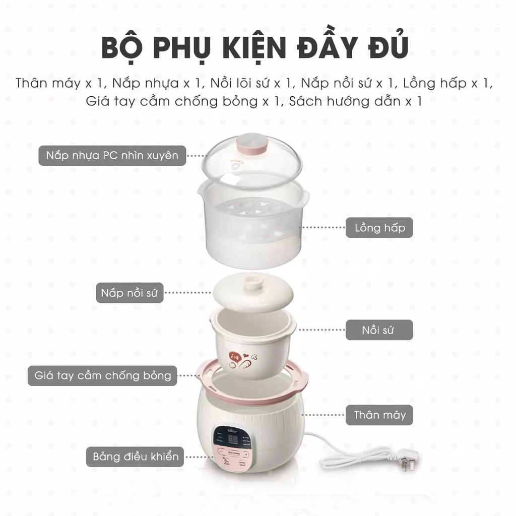 Nồi nấu cách thuỷ Bear SUBE001 nấu cháo chậm, cho bé ăn dặm, dung tích 0.8L tặng kèm lồng hấp 1L – HÀNG CHÍNH HÃNG