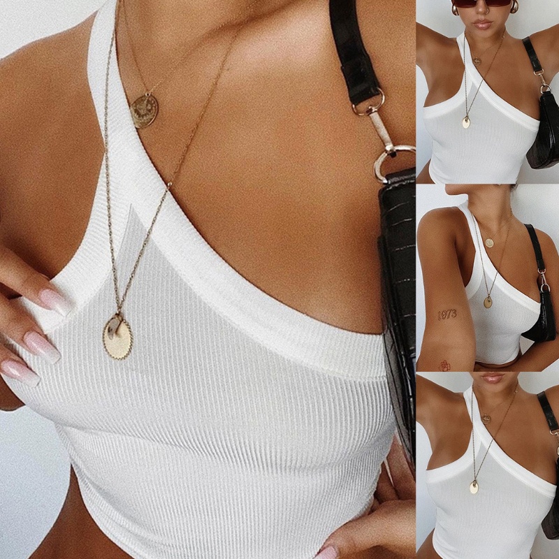 Xiangbao Áo Tank Top Dệt Kim Mỏng Không Tay Hở Lưng Một Bên Vai Mùa Hè Gợi Cảm Cho Nữ