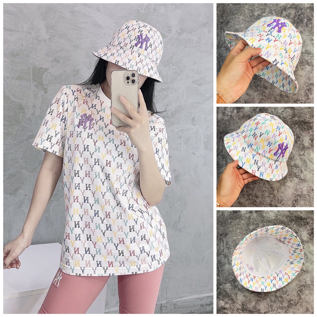 Mũ Bucket vải vành tròn NY M.L.B Monogram Rainbow White XUẤT DƯ FULL TEM TAG