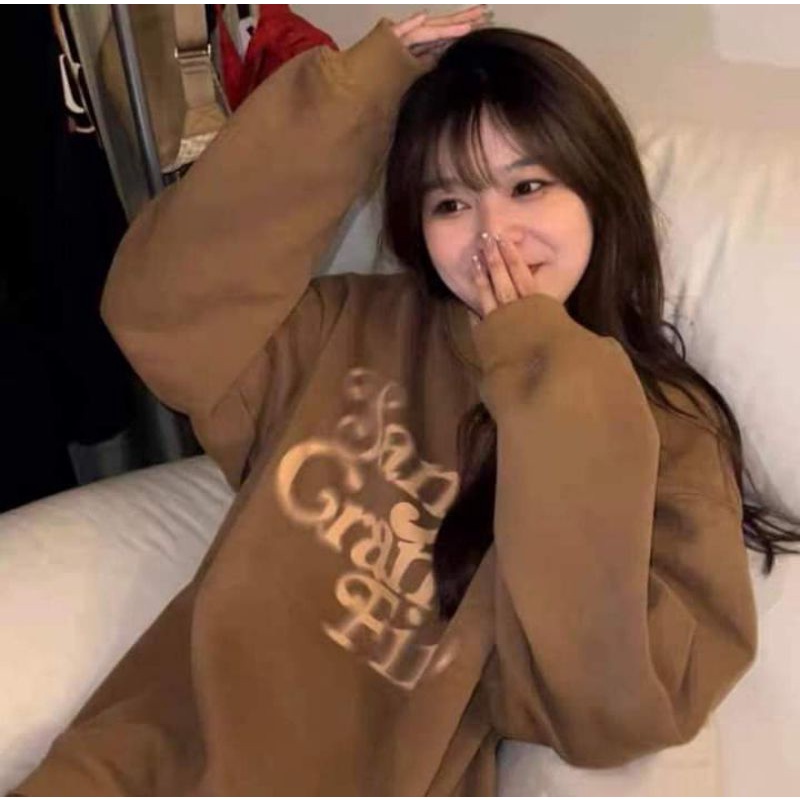 Áo Nỉ SanJati Nâu Tây Nữ[FREESHIP]Sweater from rộng tay bồng Unisex nỉ mịn dày dặn