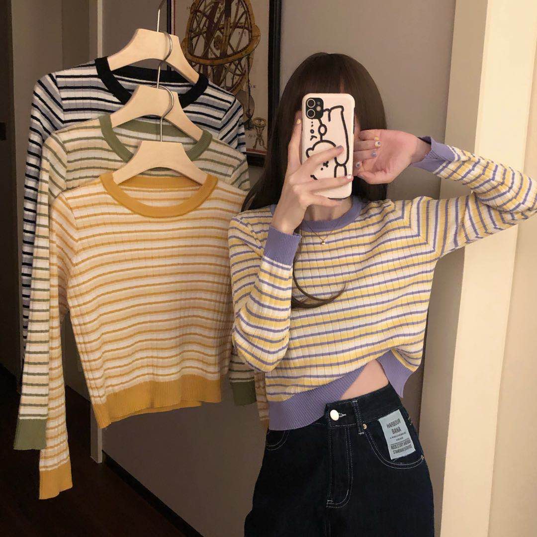 Áo Thun Tay Dài Cổ Tròn Họa Tiết Kẻ Sọc Đơn Giản Phong Cách Hàn Quốc Thời Trang Hàng Mới Cho Nữ