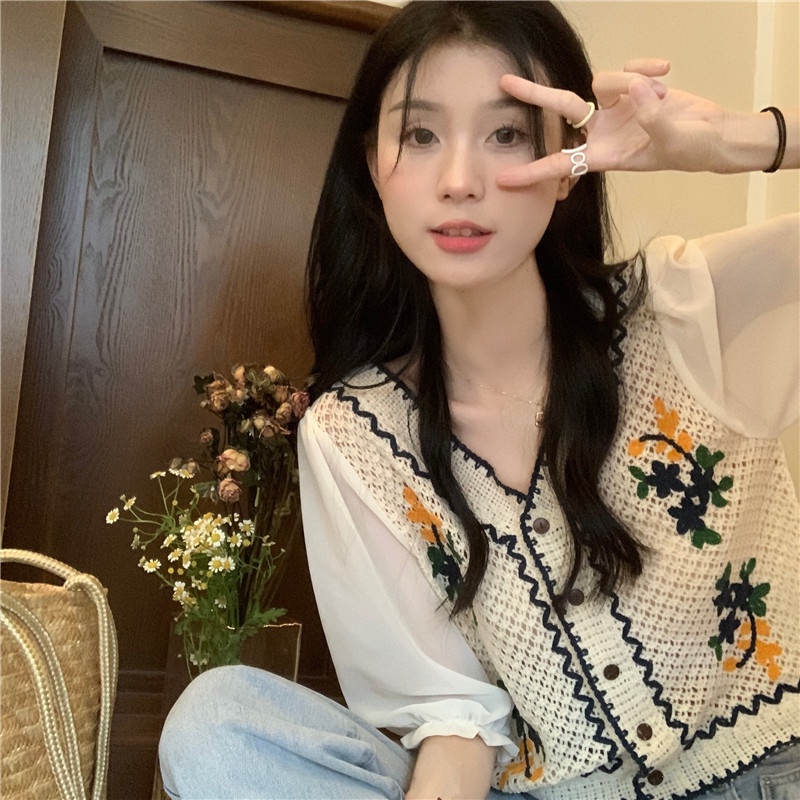 Áo sơ mi ZHELIHANGFEI ngắn tay thêu họa tiết xinh xắn