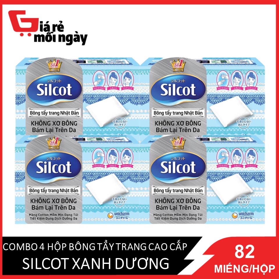 Combo 4 hộp bông tẩy trang cao cấp Silcot Xanh dương 82 miếng/hộpX4