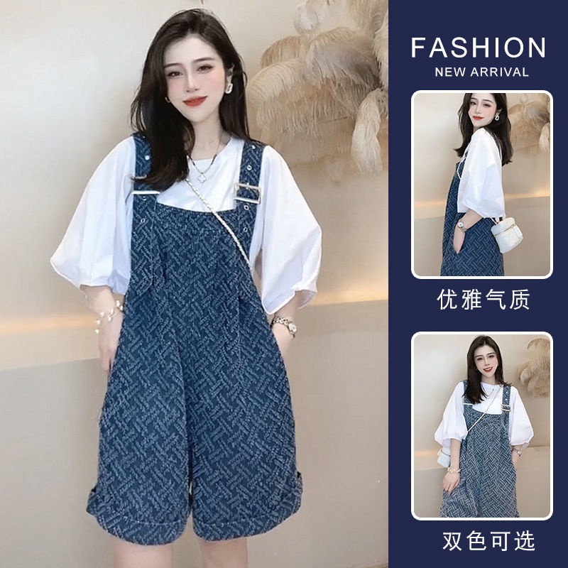 Set Áo Thun Ngắn Tay + Quần Yếm Denim Thời Trang Cho Mẹ Bầu